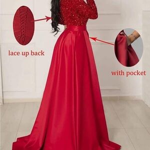 Black Fanciest V Neck Long Sleeve Sequin Satin Formal Evening Gown